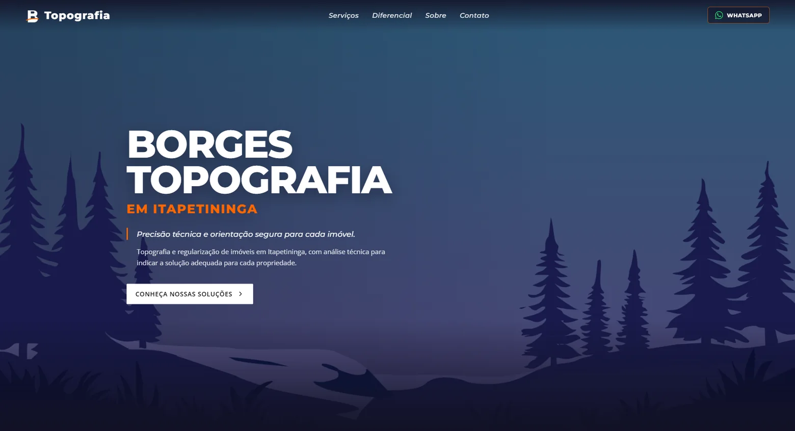 Captura de tela do site publicado Borges Topografia, mostrando a página inicial